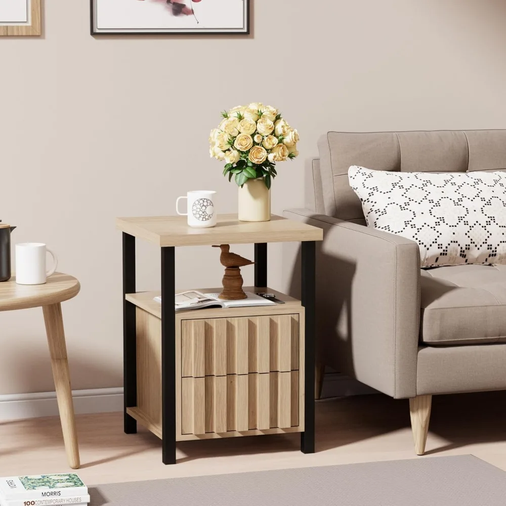 Современный комплект для гостиной середины века, дубовая тумба для телевизора и комплект из 2-х торцевых столиков, тумбочка, деревянная рифленая подставка для телевизора, приставной столик для дивана