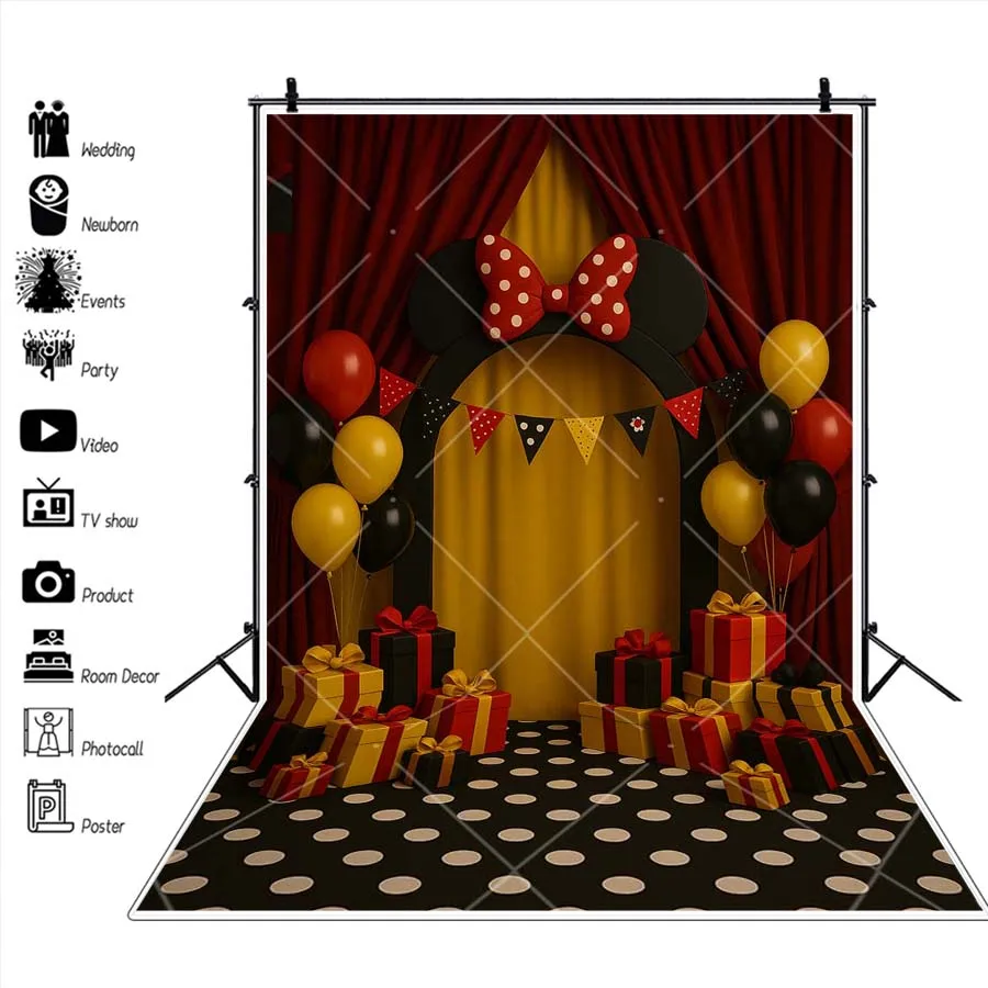 Latar Belakang Tema Mickey House Kustom Balon Kuning Hitam Merah Spanduk Dekorasi Pesta Ulang Tahun Anak Latar Belakang Fotografi Baby Shower