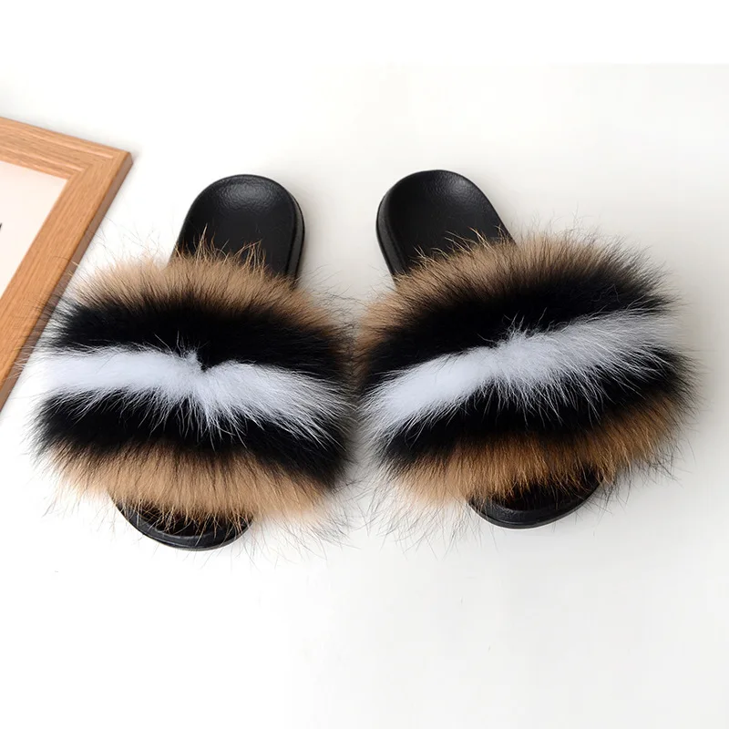 Real Fox Fur Slippers For Women Casual Fluffy Non-Slip Slippers Ladies Shoes Large Size Fur Slides Outdoor Plush Fur Slippers