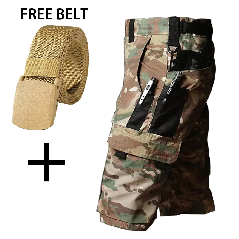 

Mens Cargo Shorts Summer Tactical Cropped Trousers Outdoor Waterproof Camping Multi-pocket Bermudas Pants Camo Ripstop Hiking