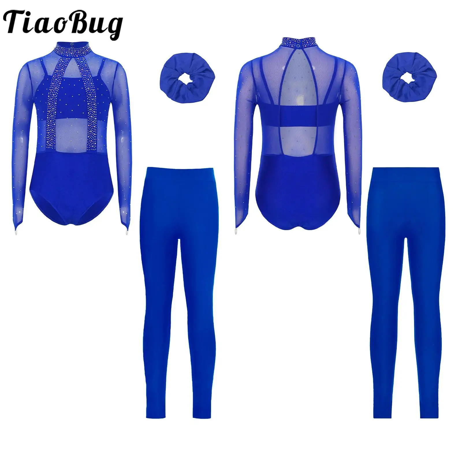 

Kids Girls Figure Skating Dance Dresses Rhythmic Gymnastics Leotard Outfits Rhinestones Sheer Mesh Long Sleeve Bodysuits Sets