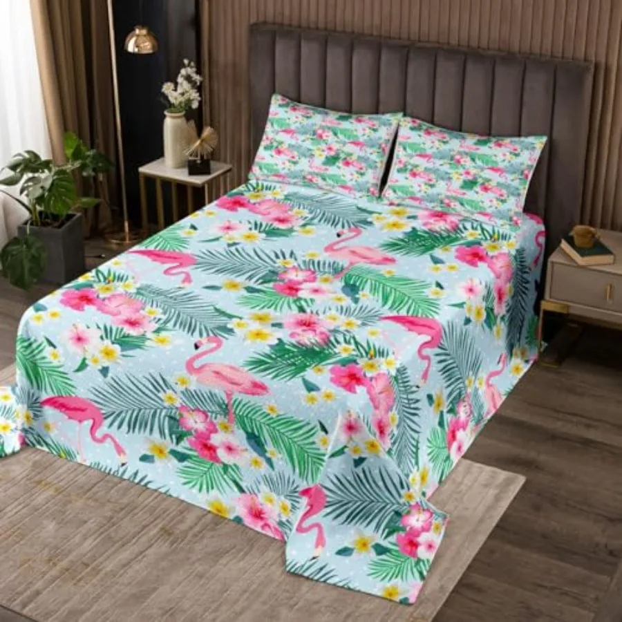 

Pink Flamingo Bedspread King SizePalm Leaves Flowers Rustic Coverlet Set Boys Girls Adults Room Decor Tropical Plants Animals D