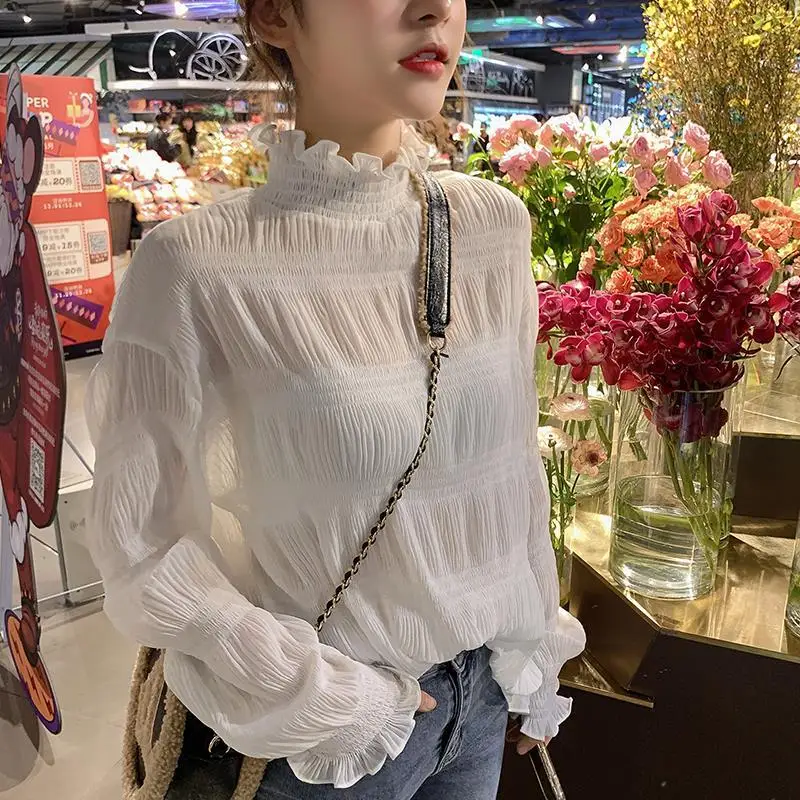 Chiffon Bottoming Shirt Ruffled Sweet Style Spring Autumn Half High Collar Slim See-Through Flare Sleeve Top Elegant Pullover