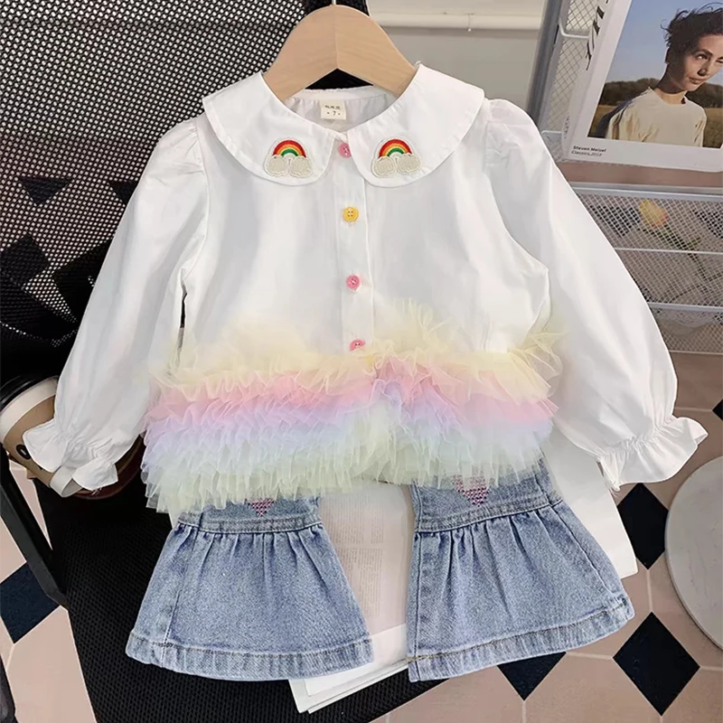 Spring and Autumn New Girls\' Clothing Set Cartoon Embroidered Cute Doll Shirt+Fashionable Love Flared Jeans Pants Children Suit