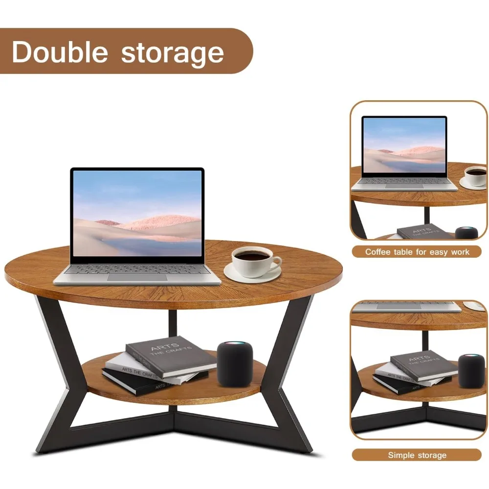Coffee Table, Round Wood Coffee Table for Living Room with 2-Tier Table Top with Storage Rack, Metal Leg Triangle Support Design