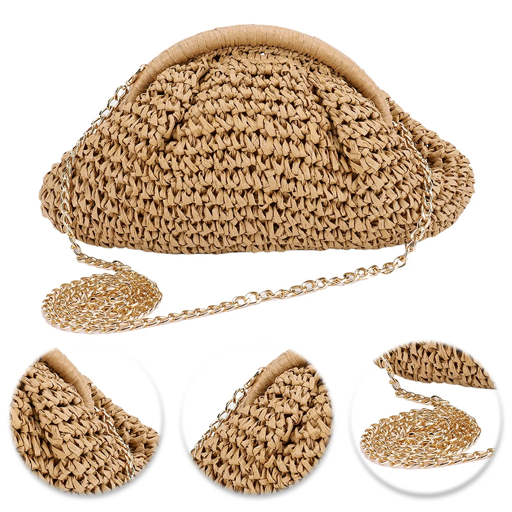 

Women Straw Woven Bag Chain Strap Stylish Crossbody Bag Large Capacity Weaving Satchel Bag Solid Color for Party Vacation