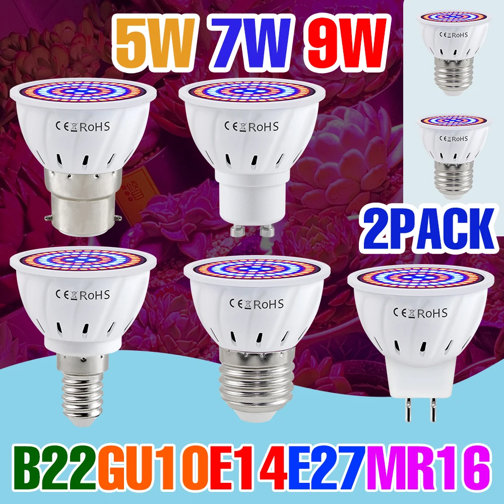 

2pcs 9W E27 LED Grow Light E14 Plants Lamp GU10 Spotlight MR16 Indoor Flower Potted Cactus Ferns Cultivation Fill Lighting 7W 5W