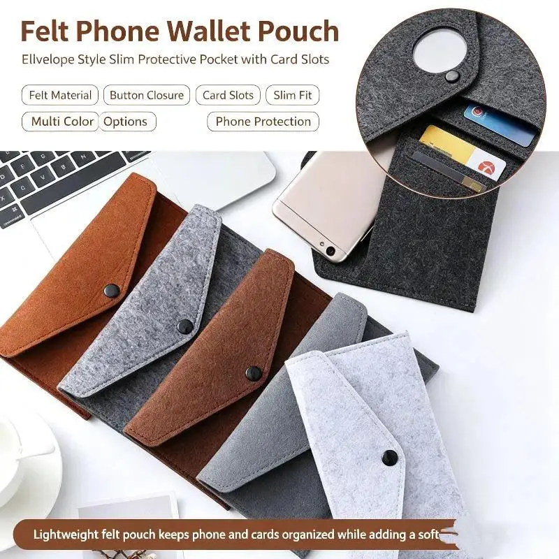 Felt Mobile Phone Pouch Envelope Style Snap Button Storage Bag Soft Anti Scratch Sleeve Unisex Retro Long Simple Wallet
