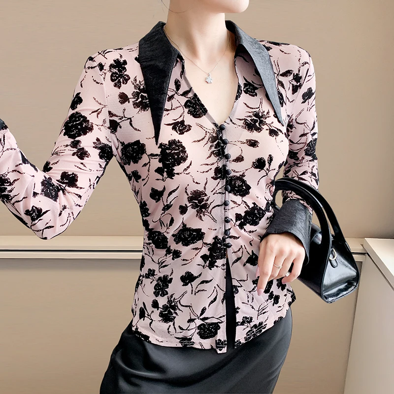 

2025,Новинка,Европейская,Одежда,Блузка,Мода,Сексуальная,В-образный вырез,Принт,Флокирование,Сетка,Сетка,Кудзик,Женский,Длинный рукав,Кардиган,Тонкий,Топы,9032