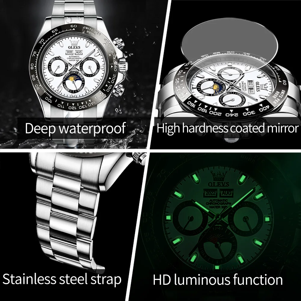 Reloj OLEVS para hombre, reloj de pulsera mecánico automático Original de acero inoxidable, reloj luminoso resistente al agua de alta calidad para hombre