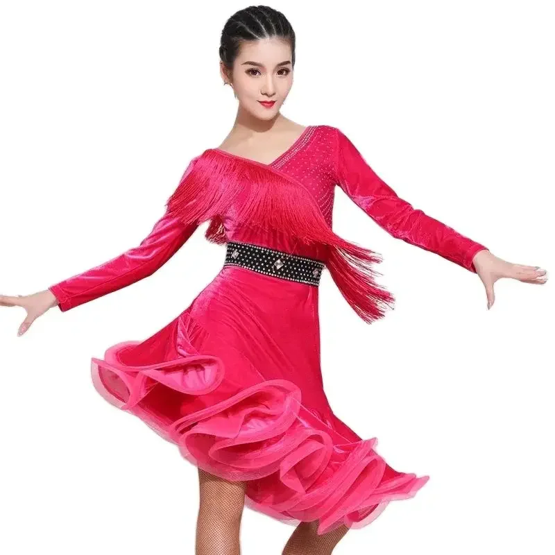 2023 Latin Dance Dress Sexy Tassel Dresses Set Adult Women \'s Autumn Winter New Long Sleeve Professional Performance Dress