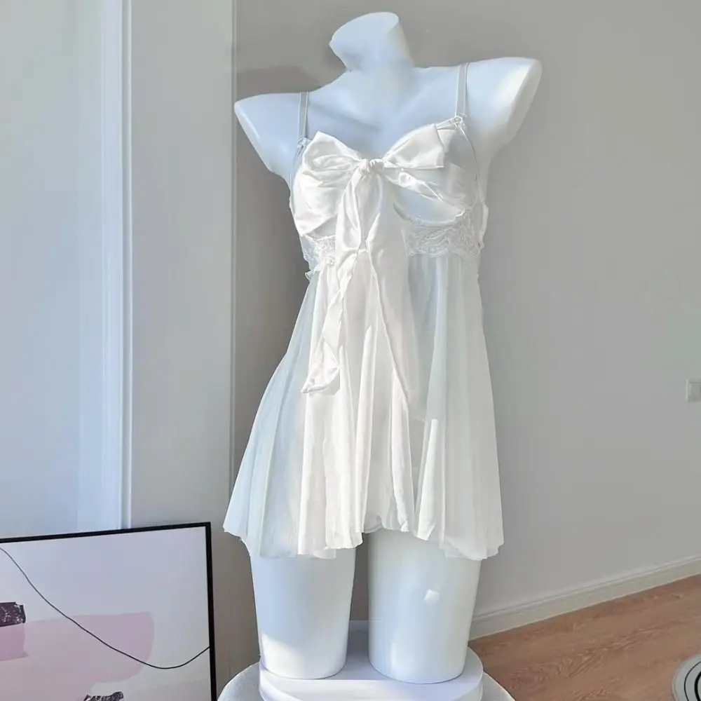 

Pajamas Bowknot Lace Nightgown Transparent Hollow Camisole Nightwear Women Lingerie Sweet Mesh Nightdress Gifts