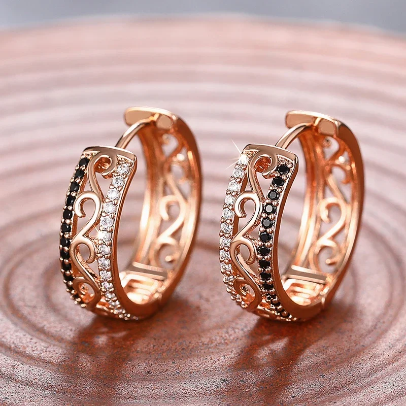 Huitan White/Black CZ Rose Gold Color Hoop Earrings for Women Hollow Out Pattern Aesthetic Female Earrings Wedding Trend Jewelry