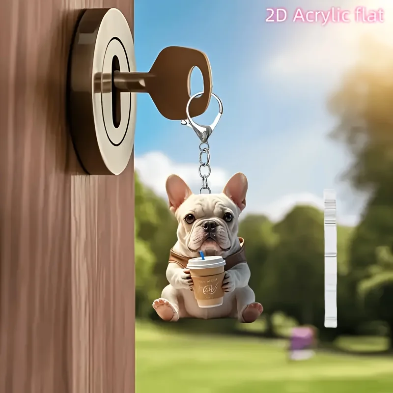 5sets Cute French Bulldog Keychain Includes 2D Acrylic Pendant & Thank You Cards & Gift Yarn Bags Backpacks Car Keys Decoration