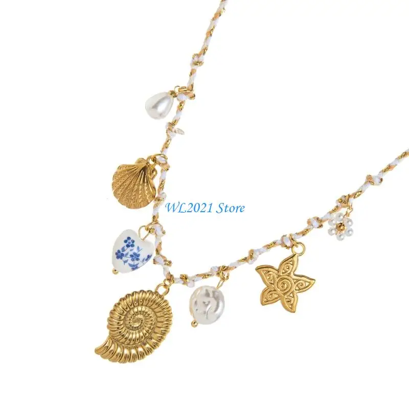 

G5GC Versatile Beach Jewelry Shell Sun Moon/Sea Horse Pendant Necklace With Adjustable Knot Design For Everyday Wear