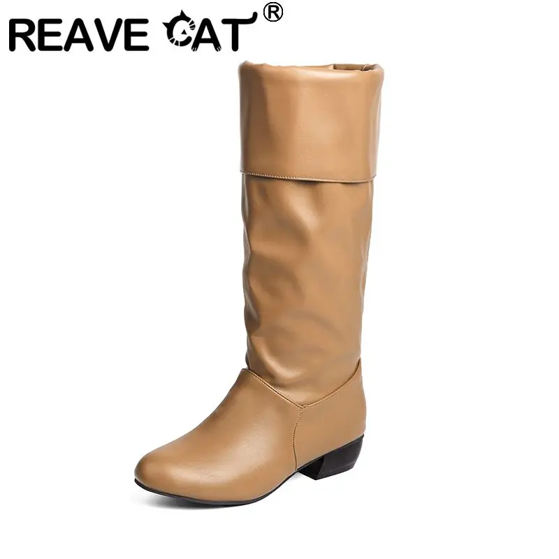 

REAVE CAT Apricot Female Mid Calf Boots Round Toe 3.5cm Thick Bottom Slip On Plus Size 46 47 Daily Riding Botas Shoes for Women