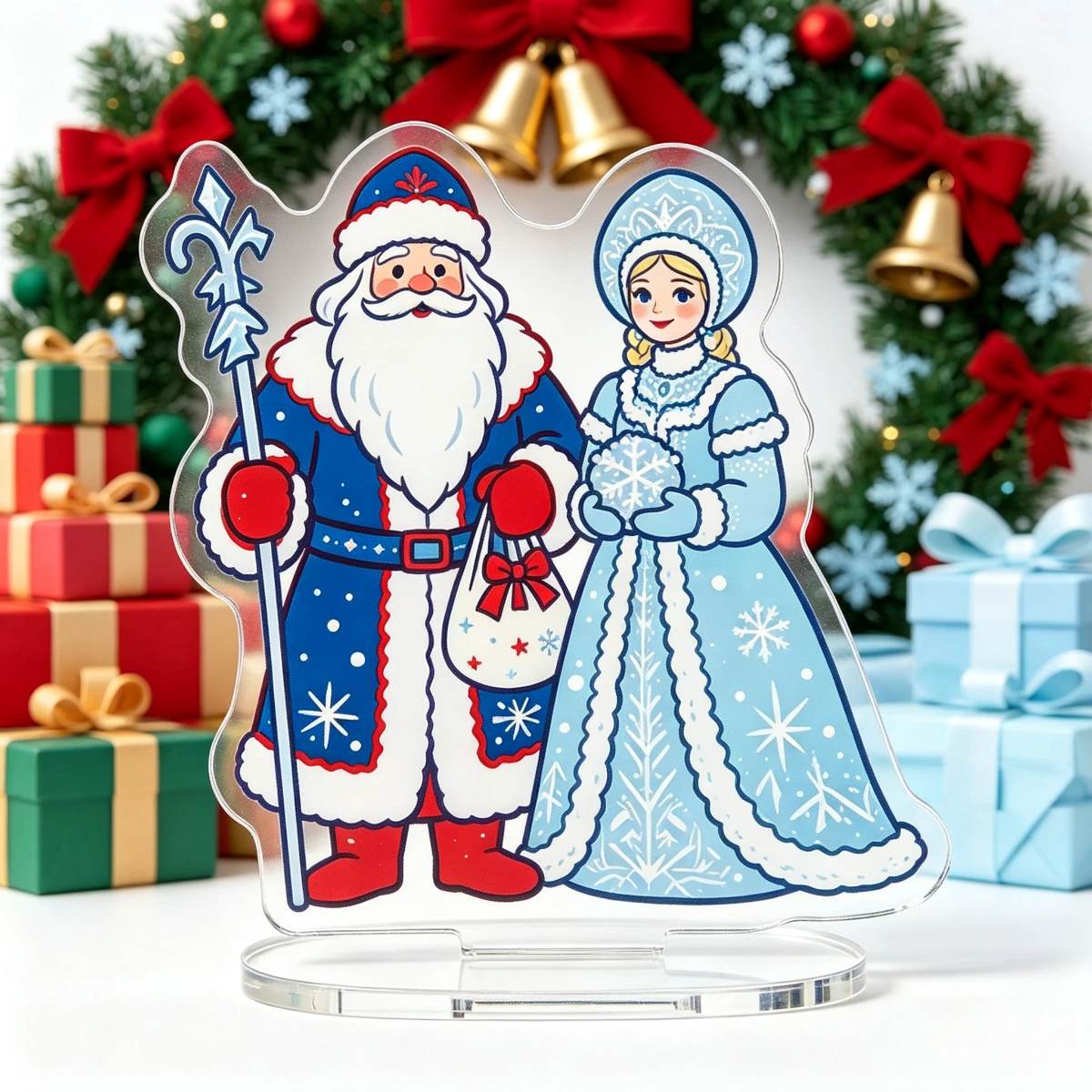 Russian Cold Weather Grandpa Snow Maiden Double-Sided Acrylic Standee Ornament with Base Desktop Atmosphere Decoration