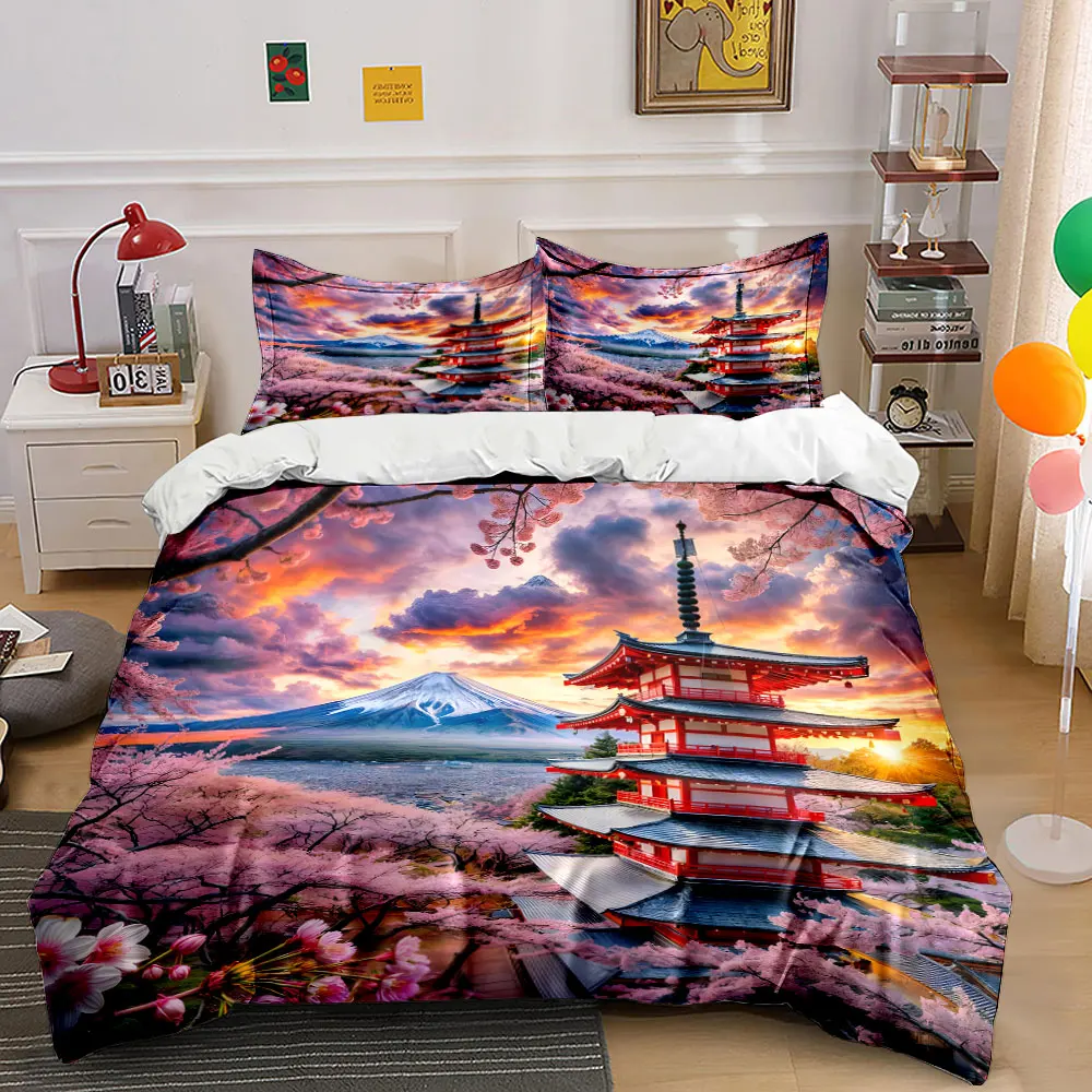 Cherry blossoms near Mount Fuji pattern Duvet Cover Set with 3D Printing Design Soft Polyester Bedding Set All-Season Comfort