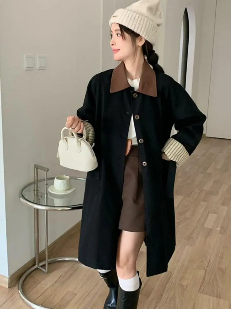 Giacca a vento da donna di media lunghezza con colletto a blocchi di colore sciolto Capispalla autunnale i Cappotto colorato Comodo casual Sle