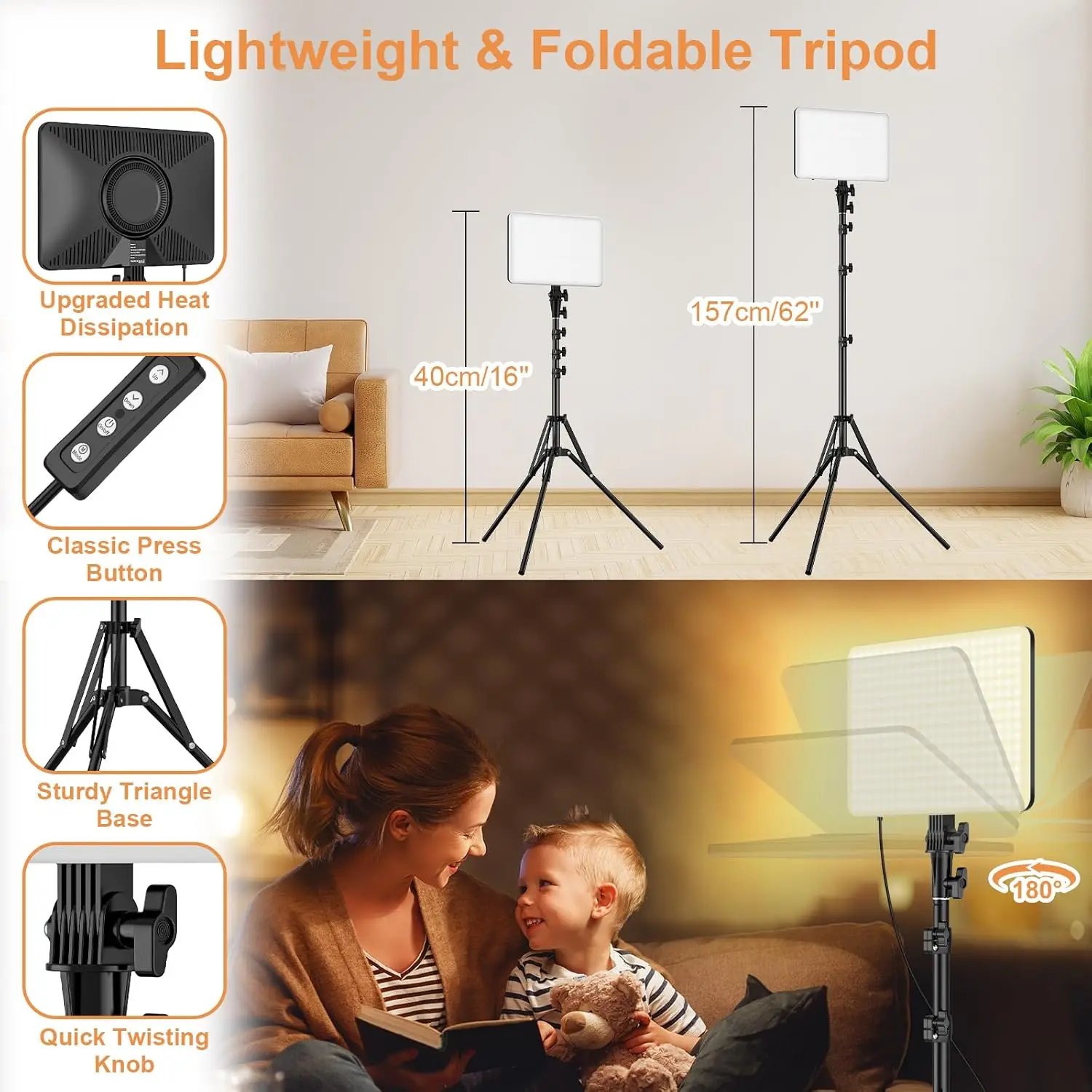 عبوة واحدة من مصابيح الفيديو LED، 15 وات 1700 لوكس قابلة للتعتيم 2500-8500 كلفن مع حامل ثلاثي القوائم للبث والتسجيل والألعاب والبث #4