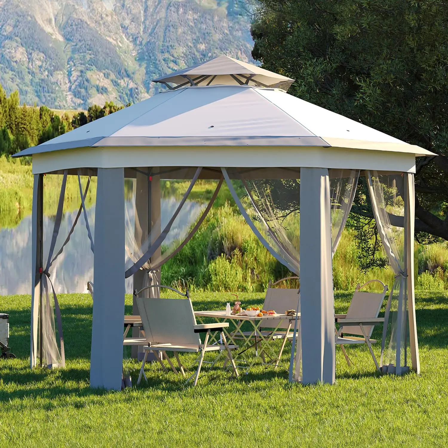 

Pop Up Gazebo Screen Tent Hexagonal Instant Gazebo Tent with Mosquito Netting Outdoor Canopy 6 Sided Sun Shelter 13x13ft