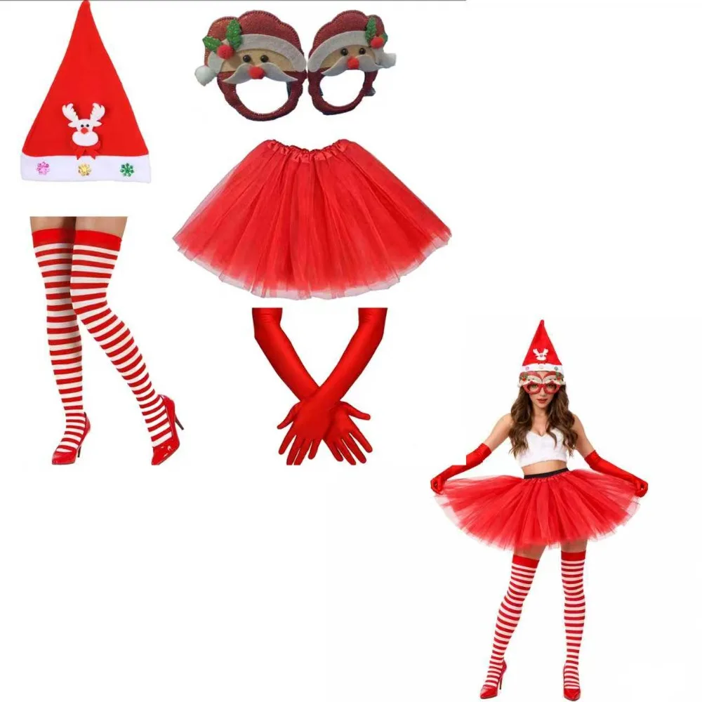ชุดคุณแม่ซานต้า PESENAR สำหรับผู้หญิง 4 ชิ้น ชุดซานต้าคลอสผู้หญิง ผ้ากำมะหยี่ ชุดเดรสซานต้า หมวก ถุงมือ สำหรับงานปาร์ตี้คริสต์มาส