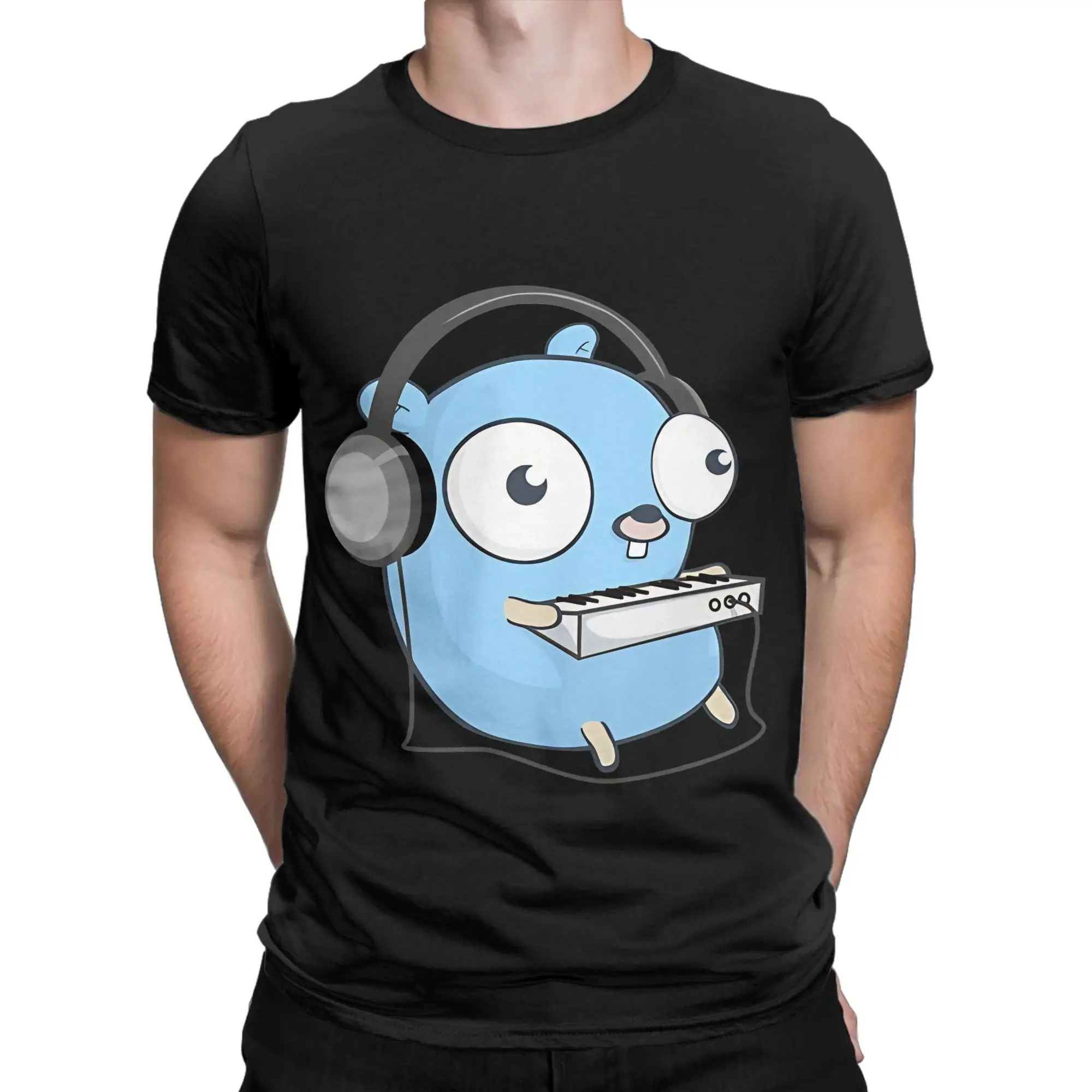 The Golang Mascot Music Black Edition Graphic 100% Cotton T-Shirt gopher Tees Tops For Men