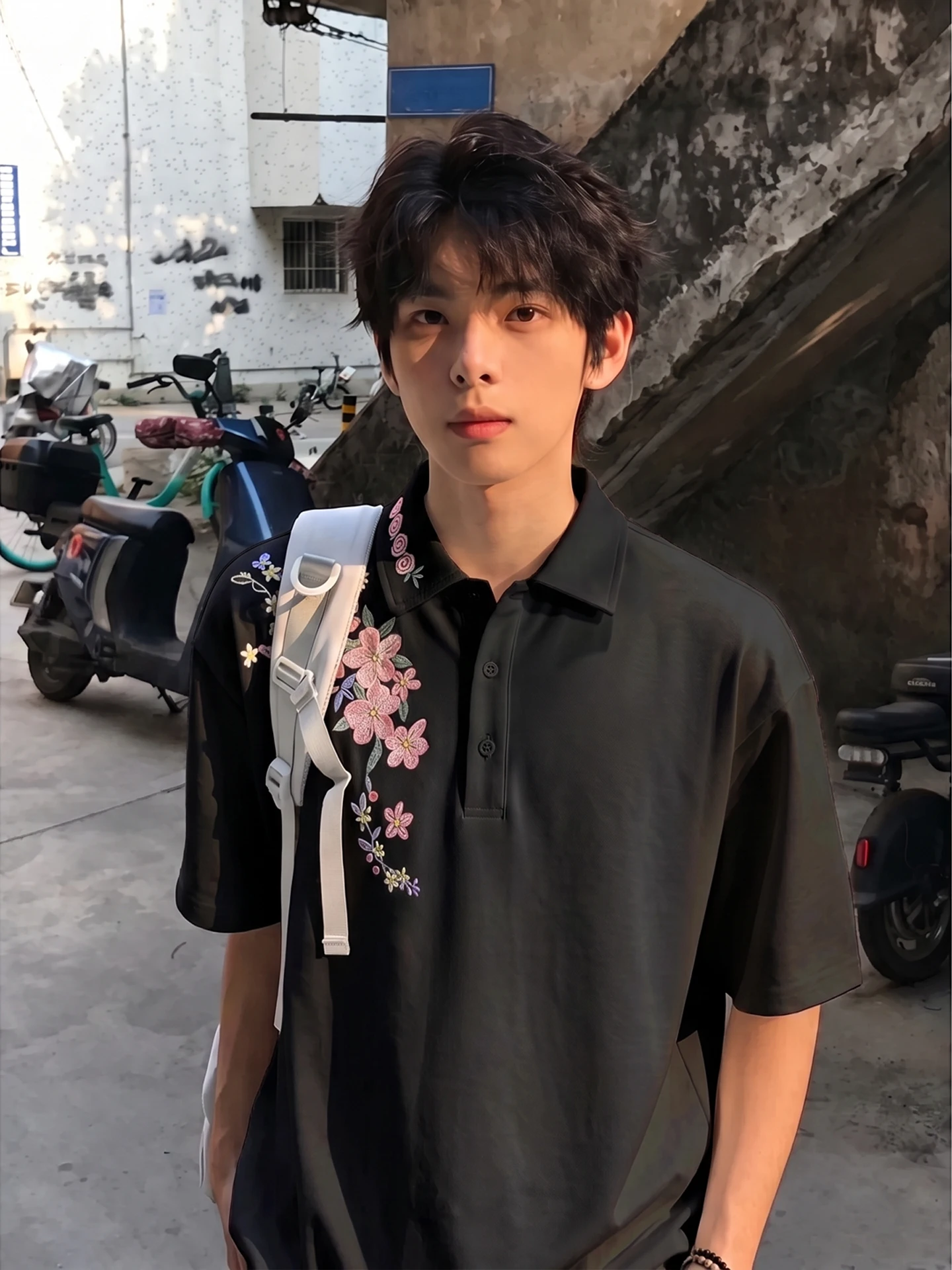White American Floral Embroidery Short Sleeve  Shirt Men Summer Thin High-End Feel Stand Collar T-Shirt Heavy Half Sleeve