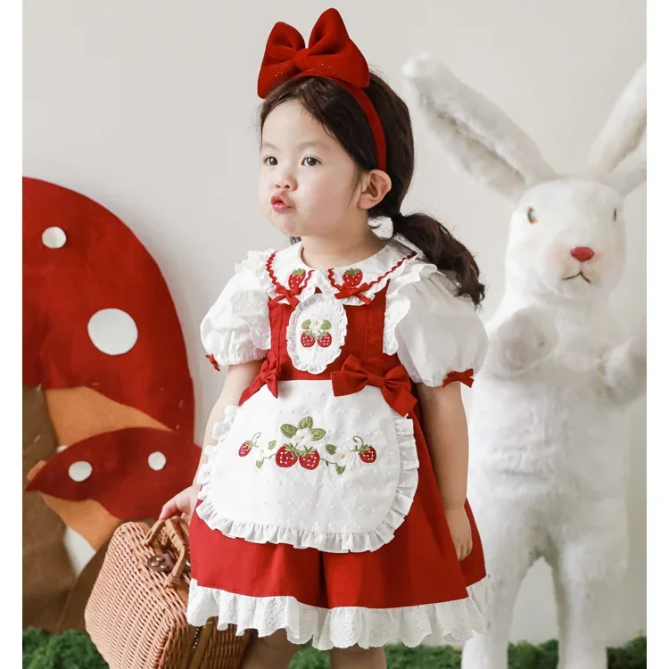 2024 Summer New Children's Dress Strawberry Embroidered Small Lapel Baby Girls Summer Bow Cute Shirt Princess Dress Two Piece