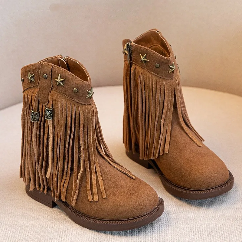 Kids FashionFringe Western Cowgirl Boots Girls Suede Mid Calf Cowboy Boots Zipper Low Block Heel Children Fashion Party Boots