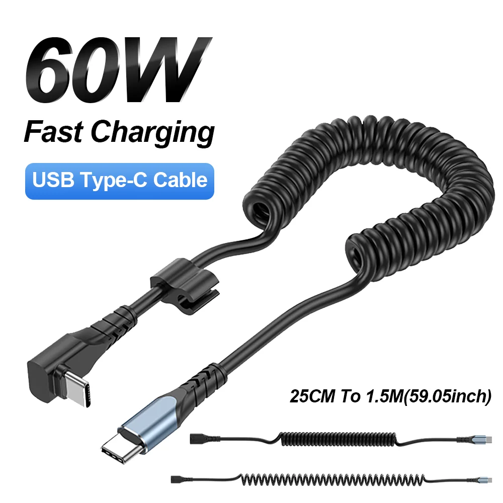 Fast Charging USB C To Type C Cable 90° Elbow Spring Telescopic Car Phone Charger Data Cord For iPhone 17 Samsung Xiaomi Carplay