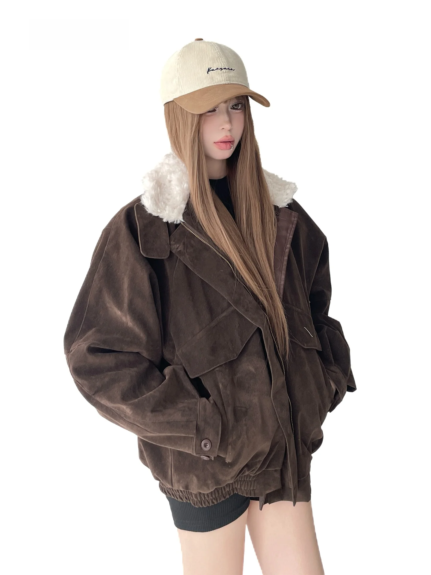 

Barnes Deer Hide Velvet Collar Jacket Women's Thickened Warm Cotton Coat Street Style Loose Fit Long Sleeve Zipper Closure