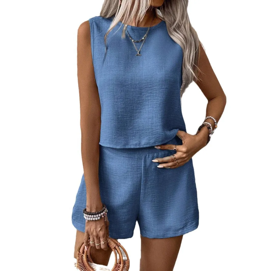 2025 Cross-border Solid Color Sleeveless Vest Shorts Casual Fashion Two-piece Suit Women Cw45119