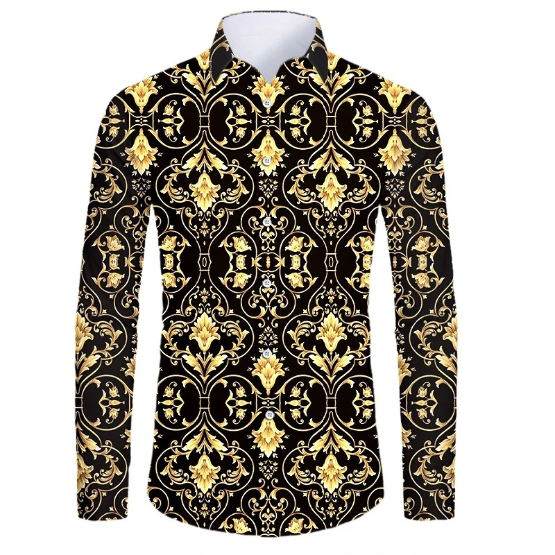 High End Luxury Golden Pattern 3D Printed Short/Full Sleeve Button-down Shirts For Men Street Style Trendy Tops Hip Hop Outfits