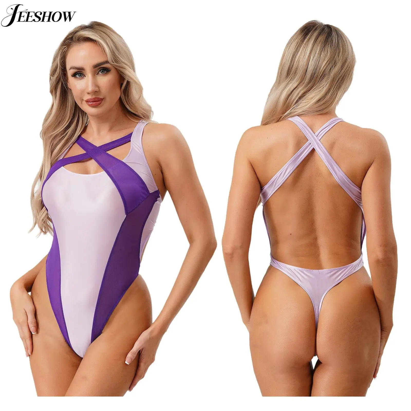 

Womens Contrast Color One Piece Swimsuit Sheer Mesh Patchwork Cross Straps Open Back Sleeveless Bodysuit Bathing Suit Swimwear