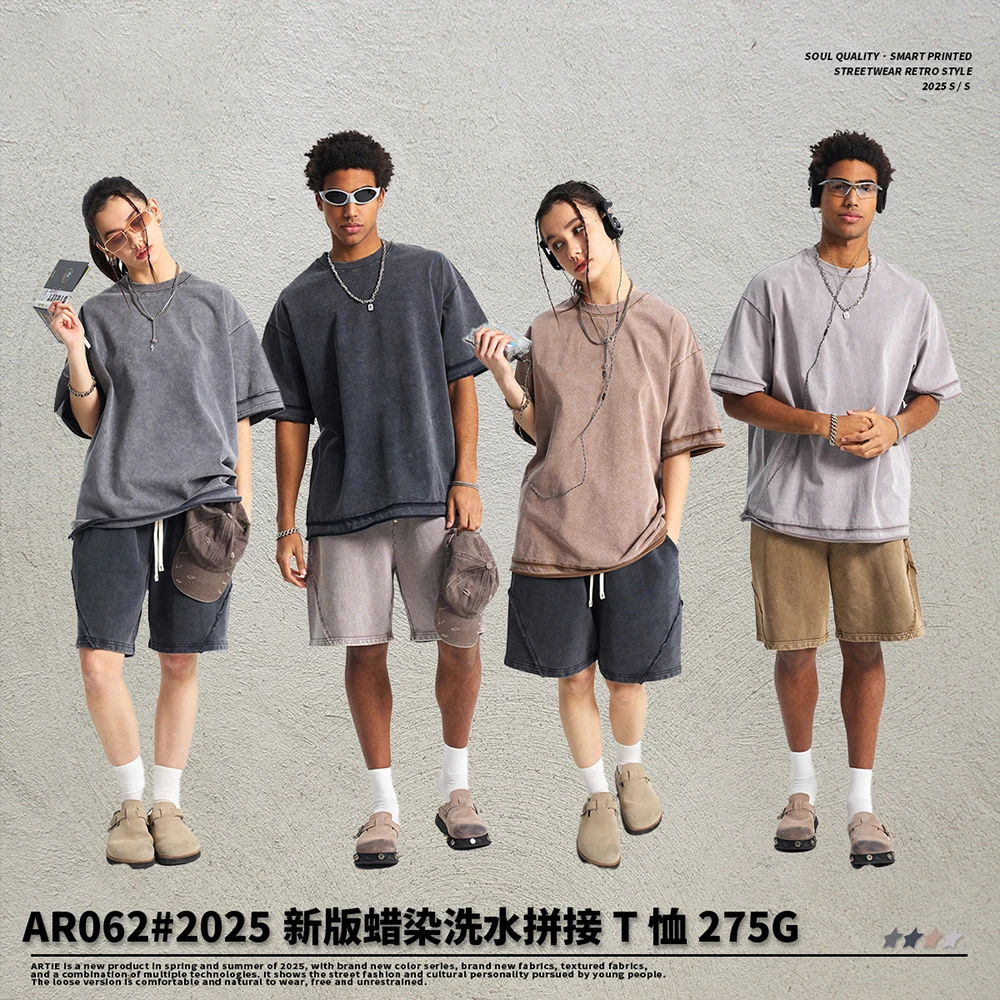 LME 커스텀 4컬러 루즈 엣지 스플라이싱 빈티지 바틱 애시드 워시드 오버사이즈 275GSM 100% 코튼 스트리트웨어 티셔츠 (M 사이즈)