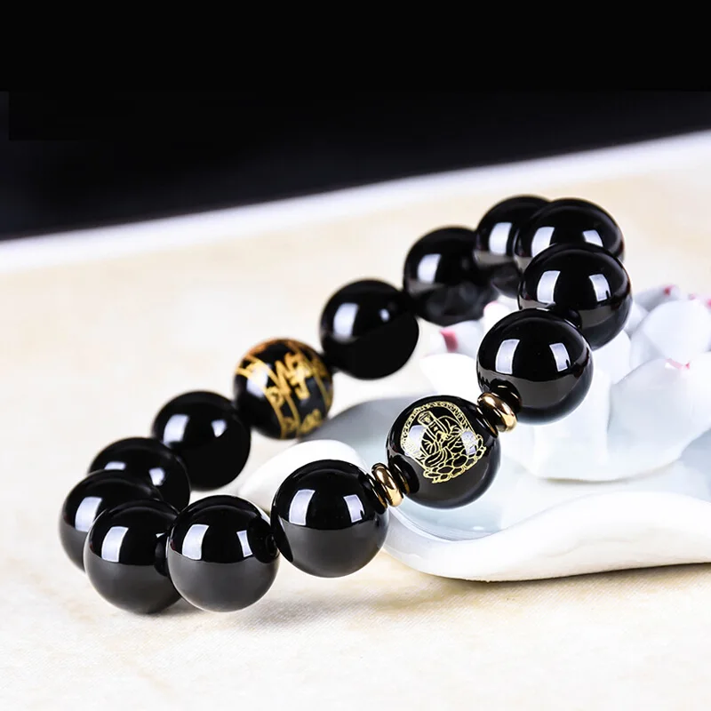 Natural Rainbow Obsidian Red Agate Chinese Zodiac Birth Buddha Gilded Six Words Mantra Beaded Bracelet Men Women 10mm 12mm 14mm