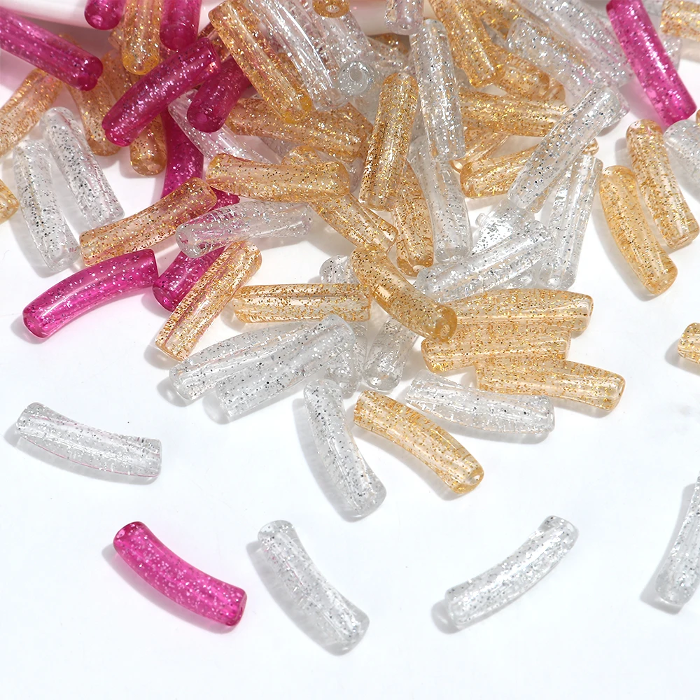 80pcs Gold Powder Acrylic 20x5mm Mini Bend Tube Beads Color Resin Loose Bead for DIY Bracelet Necklace Jewelry Accessories