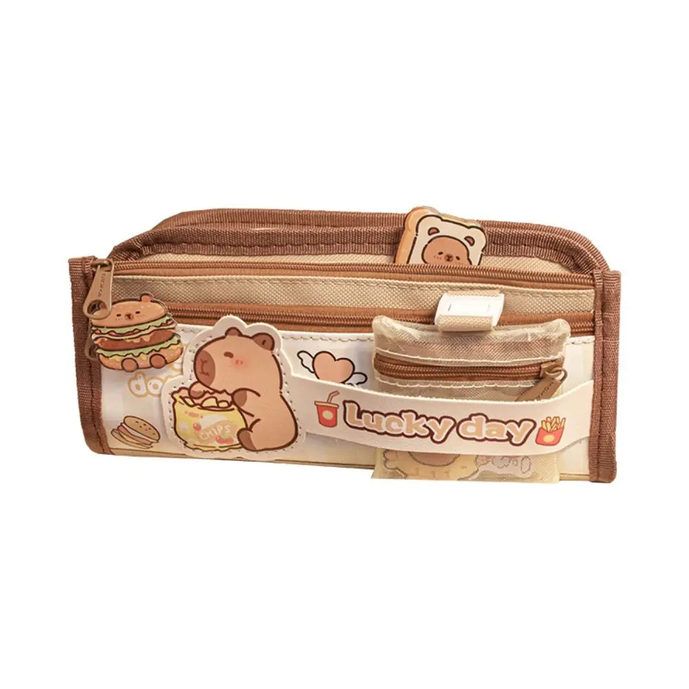 New Canvas Capybara Pencil Case Large Capacity with Mesh Coin Bag Pencil Box Portable Lightweight Pen Bag