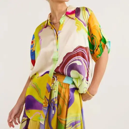 Modieuze zomer zijde bedrukte damesset jurk losse korte mouwen shirt top + rok taille 2-delige sets elegant damespak
