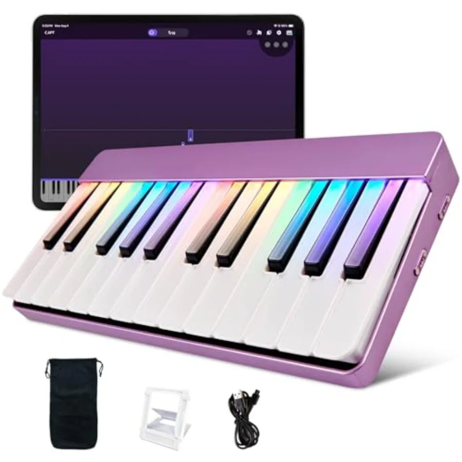 

24-клавишная умная клавиатура-пианино с LED-подсветкой и бесплатным приложением, портативное мини-пианино для путешествий, для начинающих, с поддержкой MIDI, фиолетовое, идеальный подарок