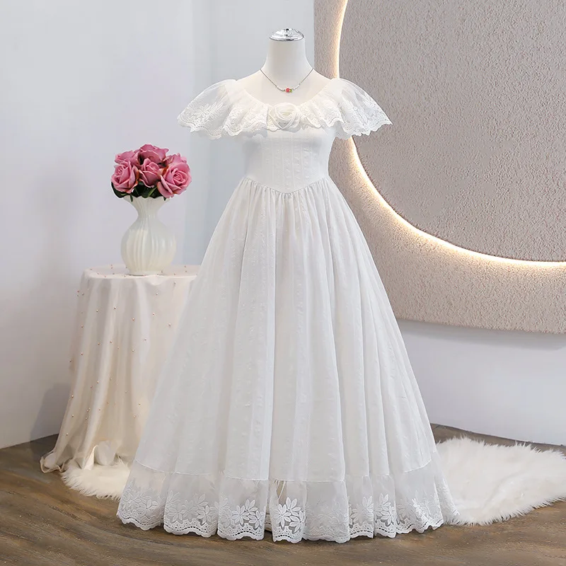 

Elegant White Dress For Girls Off-shoulder Formal Dress Baptismal Wedding Dress Piano Perform Girl Princess Dress Evening Gown