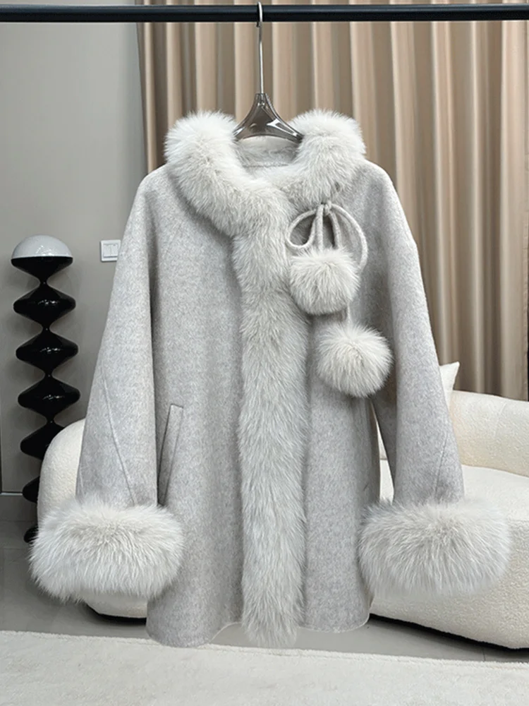 2025 novo outono inverno feminino real gola de pele de raposa manguito casaco de lã capa cashmere jaqueta quente luxo grosso casacos femininos