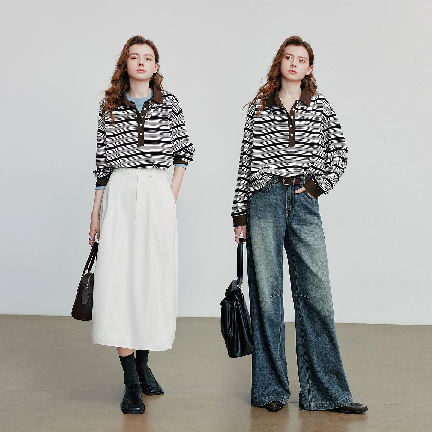 TOYOUTH Frauen Langarm T-shirt 2025, Herbst Neue Gestreiften Drehen Unten Kragen Kontrast Casual Pullover Tops