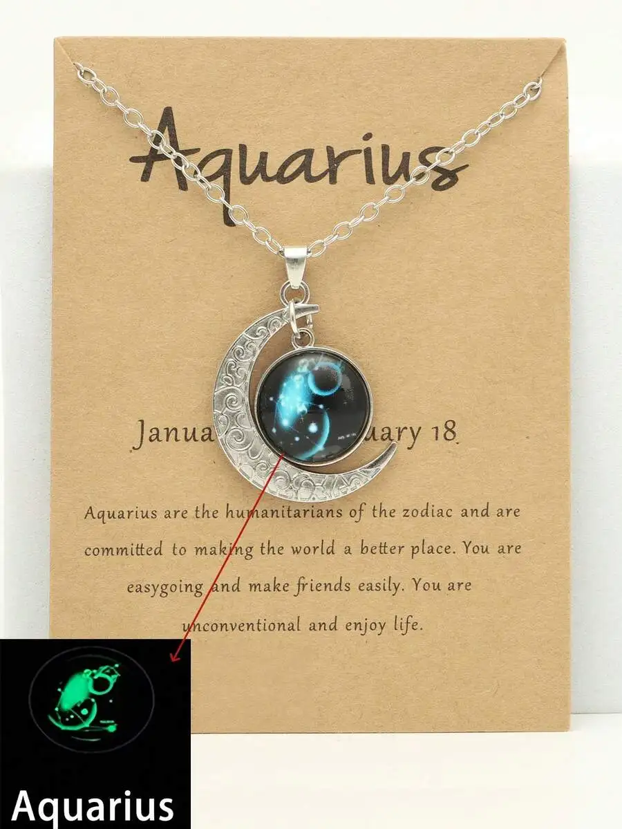 Collar con colgante de luna del zodiaco Acuario luminoso retro para adultos, regalo