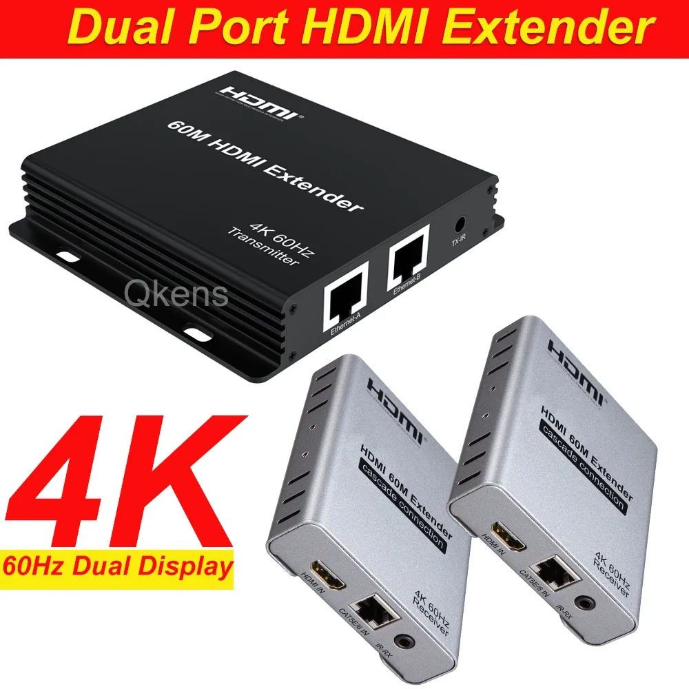 4K 60hz Ethernet Extender 60m Via Rj45 Cat6 Cable Audio Video Transmitter Receiver Converter Hdmi Extender 1 To 2 Dual Display