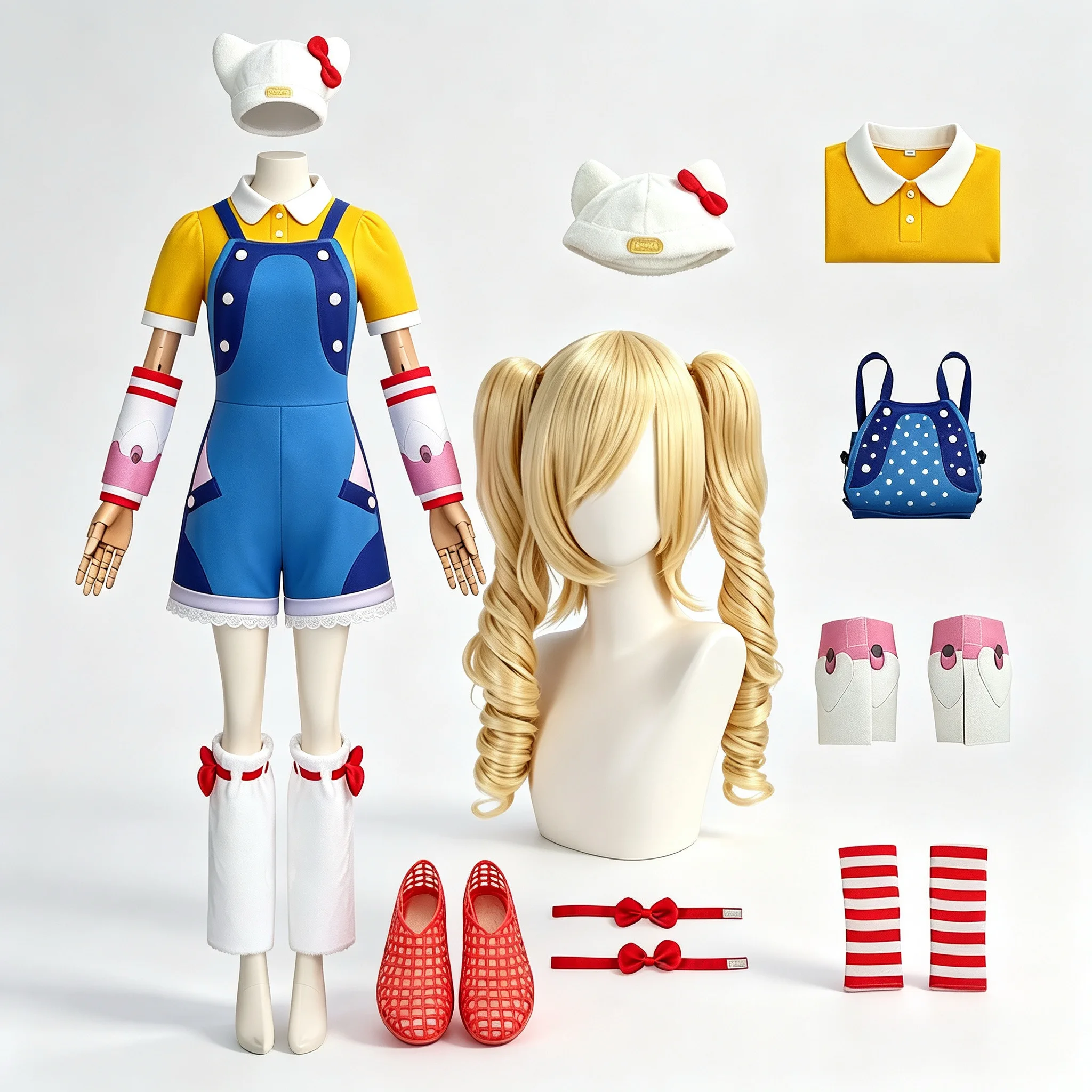 

Juno Kawaii Blue Overalls Yellow Top Shirt Cute Sweet Furry Cat Hat Bow Wigs Y2K Jirai Kei Halloween Cos Anime Game Owww Cosplay