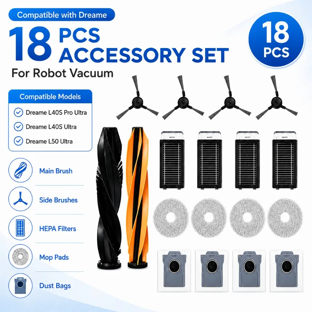 For Dreame L40S Pro Ultra, L40S Ultra and L50 Ultra Replacement Kit Main/Side Brushes, Filter, Mop Pad and Dust Bag Vacuum Parts