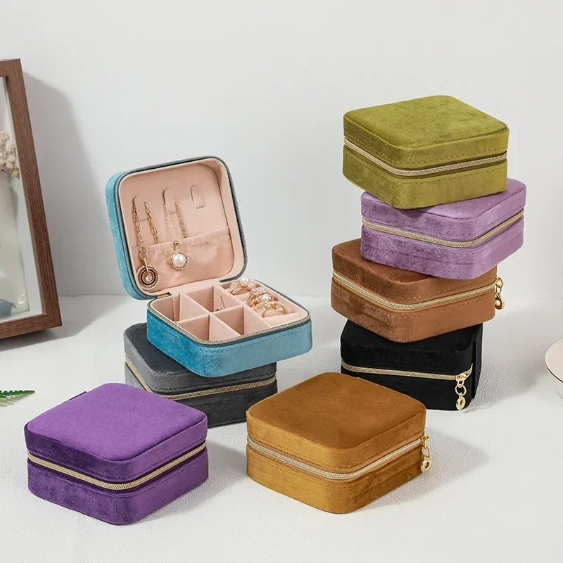 

Velvet Jewelry Box For Women Necklace Ring Earrings Organizer Holder Travel Portable Zipper Square Jewelry Storage Case