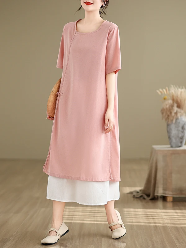 Retro Chinese Button Loose Cotton Women's Dr Boting Skirt Two-Piece Set ort Sve round Ne Pullover Faion Set